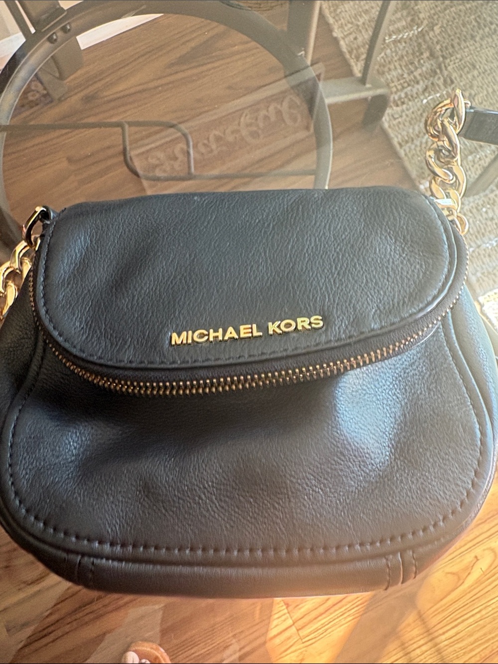 Michael Kors Black Leather Crossbody with Gold Chain Accent